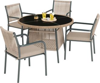 STILVORA Moderno Conjunto De Muebles De Jard&iacute;n De Rat&aacute;n Con Mesa Redonda De Cristal Y 4 Sillones, Estructura De Hierro Resistente, Ideal Para Terraza, Balc&oacute;n Y
