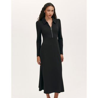 Finery Elvira Ponte Jersey Zip Front Midi Dress in Black at Nordstrom, Size 16P