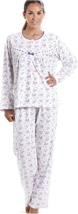 Camille Womens Classic Cotton Jersey Lilac Floral Print Pyjama Set, Purple, 16-18