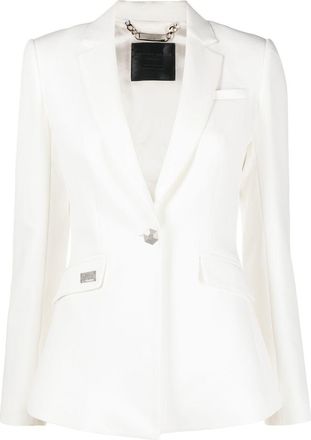 Philipp Plein rhinestone-logo single-breasted blazer - women - Viscose/Polyester/glass/Spandex/Elastane - M - White
