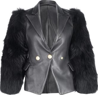 Balmain Pre-owned Womens Single Breasted Fur Sleeve Blazer in Black Leather - Size X-Small