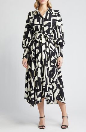 ZOE AND CLAIRE Abstract Print Long Sleeve Tie Belt Midi Dress in Ivory/black at Nordstrom, Size Small