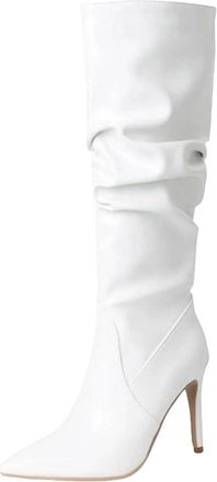Generic Women Knee Boots Heels Stiletto Slip-On Pointed Toe Soft Leather Pleated Long Boots