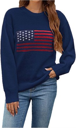 Generic Ladies Jumpers Size 18 Winter Autumn Ladies Tops Size 14 Casual Sweaters for Women American Flag Print Pullovers for Women Knitted Tunic Tops UK Round