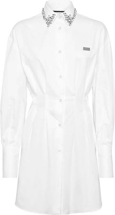 Philipp Plein Kleedjes, Dames, Wit, XS, Katoen, Mini Overhemdjurk LS Strass