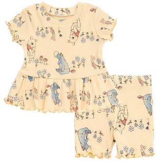Disney Ribbed T-Shirt & Shorts Set in Pooh Eeyore Yellow at Nordstrom, Size 6-9M