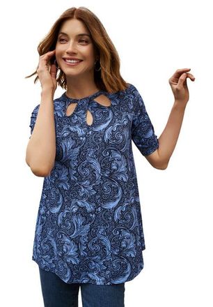 Jessica London Stretch Knit Cutout Swing Tunic in Blue Bold Scroll at Nordstrom, Size 16