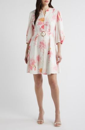 CeCe by Cynthia Steffe Floral Print Belted Dress in Lucent White at Nordstrom, Size 10