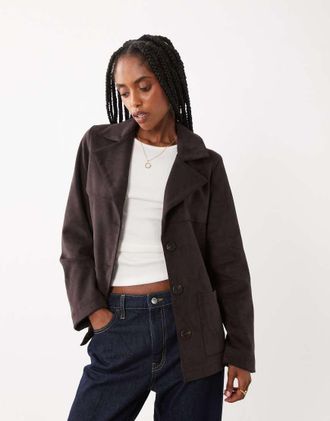 Threadbare Piumino lunghezza media in camoscio sintetico marrone cioccolato con bottoni