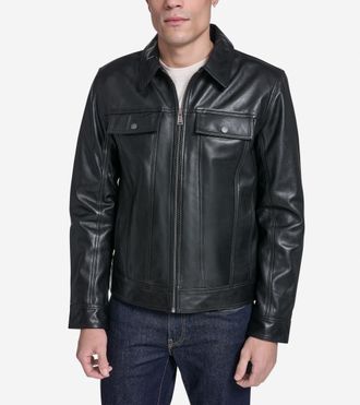 Cole Haan Mens Leather Trucker Jacket - Black Size Medium