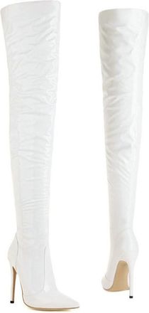 Generic Womens Patent Leather Stretch Thigh High Boots Side Zipper Pointed Toe Stiletto Heels Over The Knee Party Club Shoes (White,7.5)