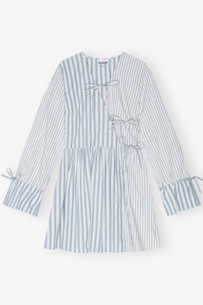 Ganni White Blue Stripe Cotton Mini Wrap Dress - Size 10/12 Organic