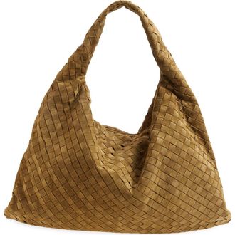 Bottega Veneta Large Hop Intrecciato Suede Hobo Bag in 2859 Mud-M Brass at Nordstrom