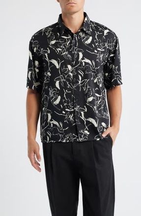 Open Edit Floral Short Sleeve Button-Up Shirt in Black- Ivory Tossed Petal at Nordstrom Rack, Size Small