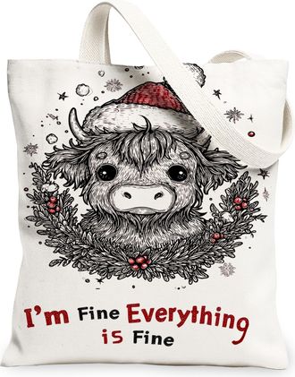 Generic Christmas Cow Canvas Tote Bags, Rustic Animal Print Reusable Grocery Bags, Holiday Vintage Lightweight Washable Shoulder St, White, 13x15 Inch