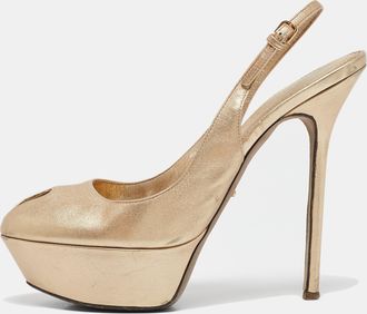 Sergio Rossi Gold Leather Peep Toe Platform Slingback Sandals