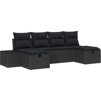 vidaXL Conjunto De Sof&aacute; De Jard&iacute;n 6 Pcs Negro Rat&aacute;n Sint&eacute;tico
