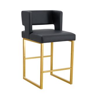 STILVORA Lote De 2 Taburetes De Bar, Diseno Nordico Con Asiento Cuadrado Acolchado Y Patas Geometricas, Metal Y Pu, Negro Y Oro