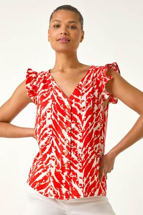 Roman Printed Frill Sleeve Button Blouse