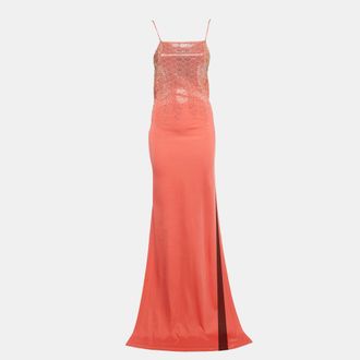 Just Cavalli Salmon Pink Embellished Jersey Evening Dress