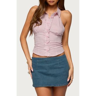 Edikted Imrie Plaid Crop Halter Shirt in Light-Pink at Nordstrom, Size X-Large