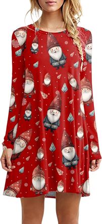 Generic Dresses for Women UK Womens Christmas Party Dress Xmas Print Casual Midi Dress Round Neck Long Sleeve Shirt Pleated Loose Swing Tops