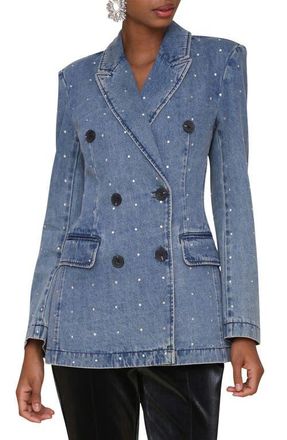 Avec Les Filles Double Breasted Denim Blazer in Med Blue With Rhinestones at Nordstrom, Size Small