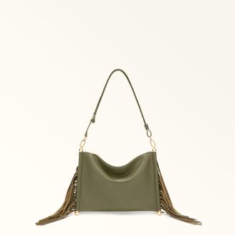 Furla Sfera Soft Shoulder Bag Toni Avocado Nappa Leather + Suede Fringes Woman
