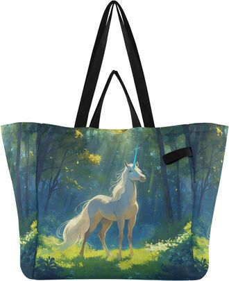 Generic Unicorn Green print Reusable Canvas Tote Bag, Heavy Duty Grocery Shopping Bag with Large Capacity Hard Bottom Double Handles Work Groceries Travel