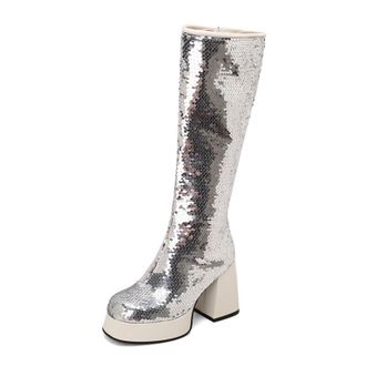 Generic Womens Chunky High Heel Platform Boots Square Toe Knee High Boots Glitter Party Prom Shoes,Silver,9.5 UK