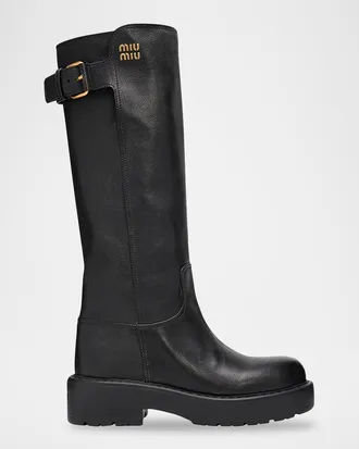 Miu Miu 55mm Leather Knee-High Lug-Sole Boots