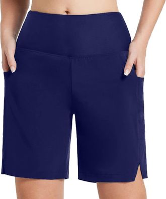 Generic Double Layer Swim Shorts Women Swim Shorts With Pockets Women Conservative Beach Swimsuit High Waisted Swimming Bottoms Side Split Board Short Pants B