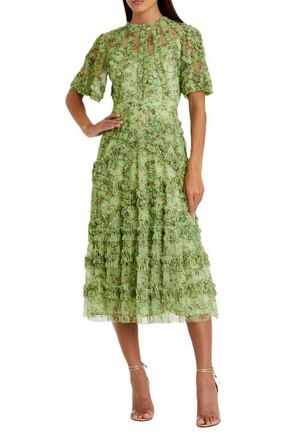 Mac Duggal Floral Flutter Sleeve Mesh Print Dress in Sage Multi at Nordstrom, Size 18