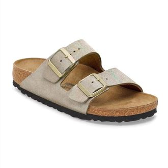 Birkenstock Womens Arizona Sandal In Taupe Suede Shimmering