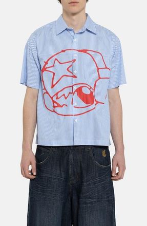Jaded London Poster Stripe Short Sleeve Graphic Button-Up Shirt in Blue at Nordstrom, Size X-Large