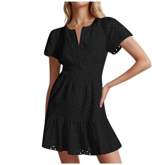 Generic Womens 2025 Summer Short Sleeve Mini Dress V Neck Ruffle Hollow Out Eyelet Lace Dresses 2025 Dresses for Women UK