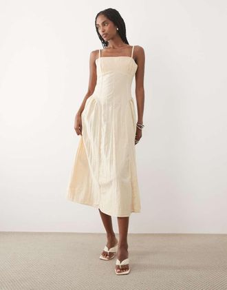 Mango Vestito midi strutturato in misto cotone color crema con spalline sottili-Neutro