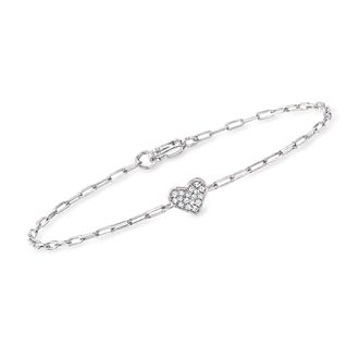 RS Pure by Ross-Simons Pave Diamond Heart Paper Clip Link Bracelet in Sterling Silver