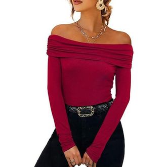 SHEKINI Womens Long Sleeve Tops Slim Fit Off Shoulder Blouse Top Fashion Casual T-Shirt Top, Wine Red, XL