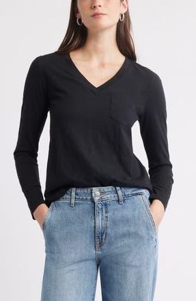 Caslon Long Sleeve V-Neck T-Shirt in Black at Nordstrom Rack, Size X-Small