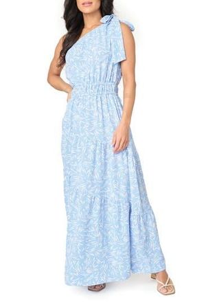 Gibsonlook Maya One-Shoulder Asymmetric Tiered Maxi Dress in Powder Blue Print at Nordstrom Rack, Size Xx-Small