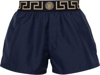 Versace Navy Silk-Nylon Swim Shorts With Greek Key Waistband