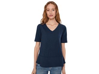 Mod-o-doc Half Sleeve V-neck Mix Media Top Womens Clothing Vibrant Navy : MD (US 8-10), Cotton