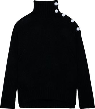 Zadig&Voltaire Cashmere coltrui met knopen - Dames - Coltruien - Zwart - S - Wol - Truien & Vesten