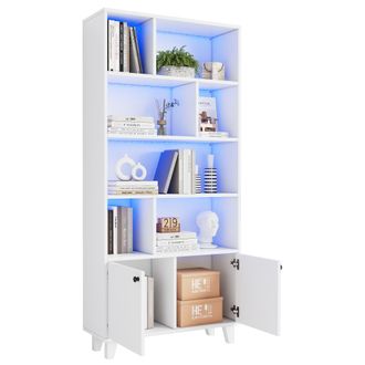 STILVORA Libreria Con 2 Ante E 7 Vani, Led Multicolore, Piedini In Legno Massello, In Mdf, 80&times;30&times;173 Cm, Bianco