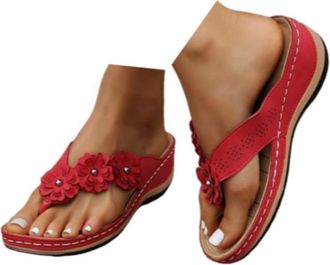 Generic Red Sandals Wedge Flip Flops for Women Orthopedic Sandals Women Comfortable Flip Flops with Arch Support Summer Casual Wedge Sandal Slippers Dressy Co