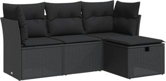vidaXL Juego De Sof&aacute;s Jard&iacute;n 4 Pzas Con Cojines Rat&aacute;n Sint&eacute;tico Negro Vidaxl