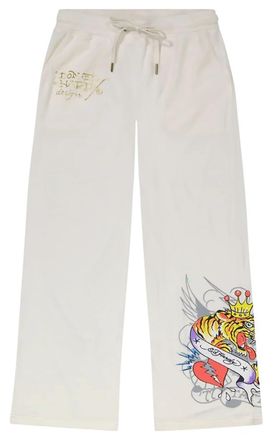Ed Hardy Womens Velour Sweatpants, Ivory Tiger Crown, M