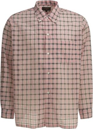 Beams Plus Open B.d. Seersucker Plaid Shirt - Heren - Casual Overhemden - Roze - L - Overhemden