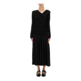 Ganni Interlock Jersey Crossover Jurk met Plooiingen Lang - Dames - Casual kleedjes - Zwart - L - Polyester - Kleedjes